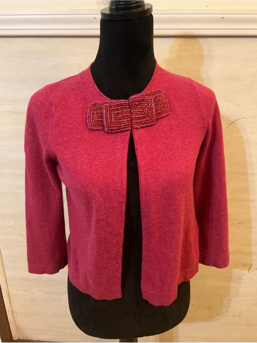 Boden Fushia Pink Cropped Open-Front Beaded-Detail Cardigan